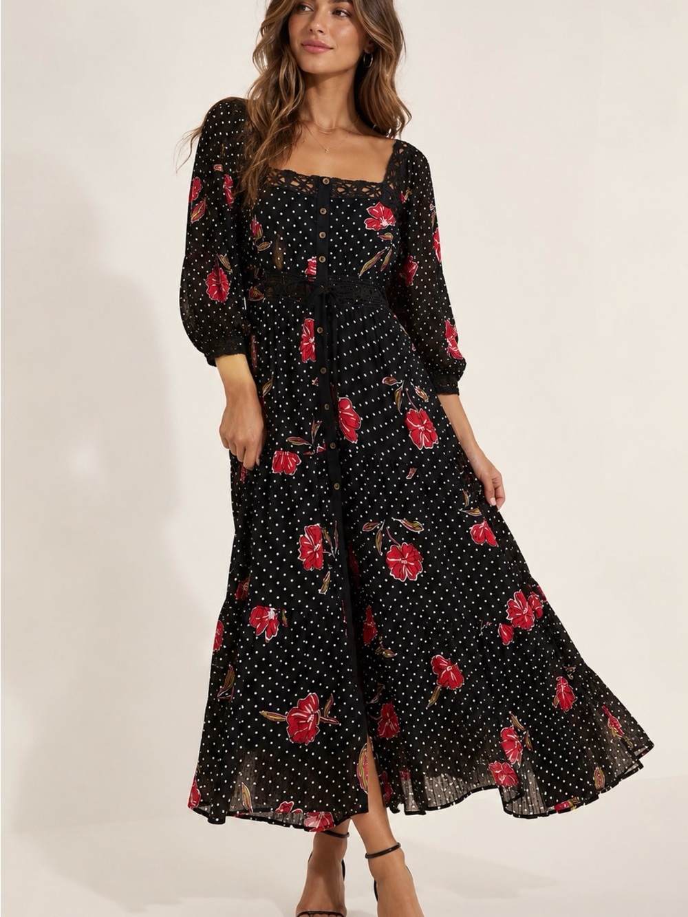 Free People Black Maxi Dress with Red Floral Print
